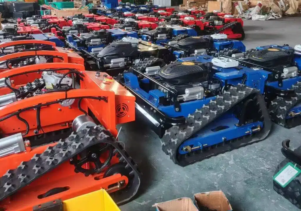 Warehouse full of colorful tracked mini tractors