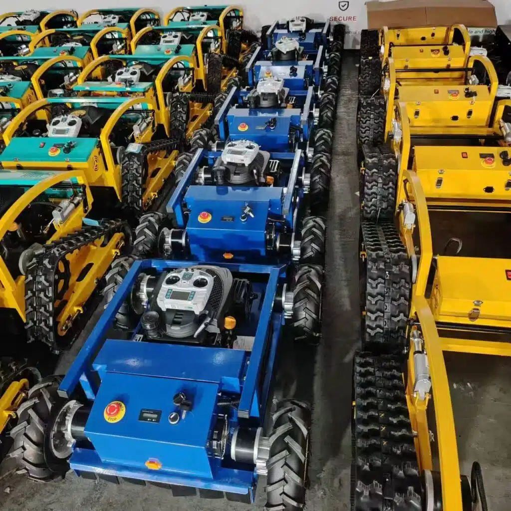 Rows of colorful industrial tractors in warehouse