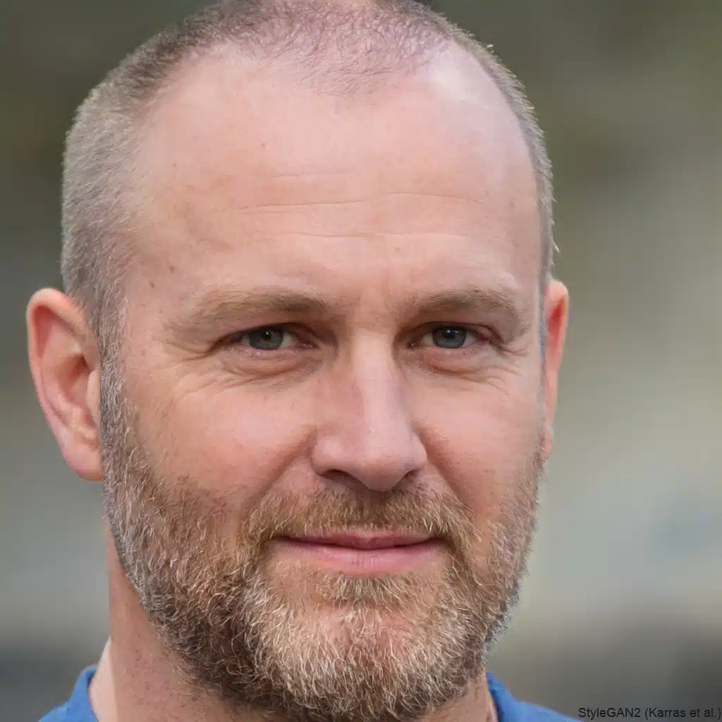 Bald man smiling in blue shirt outdoors