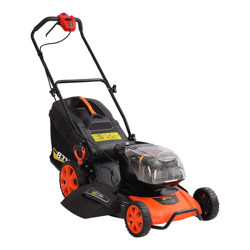 Black and orange electric lawn mower isolated on white